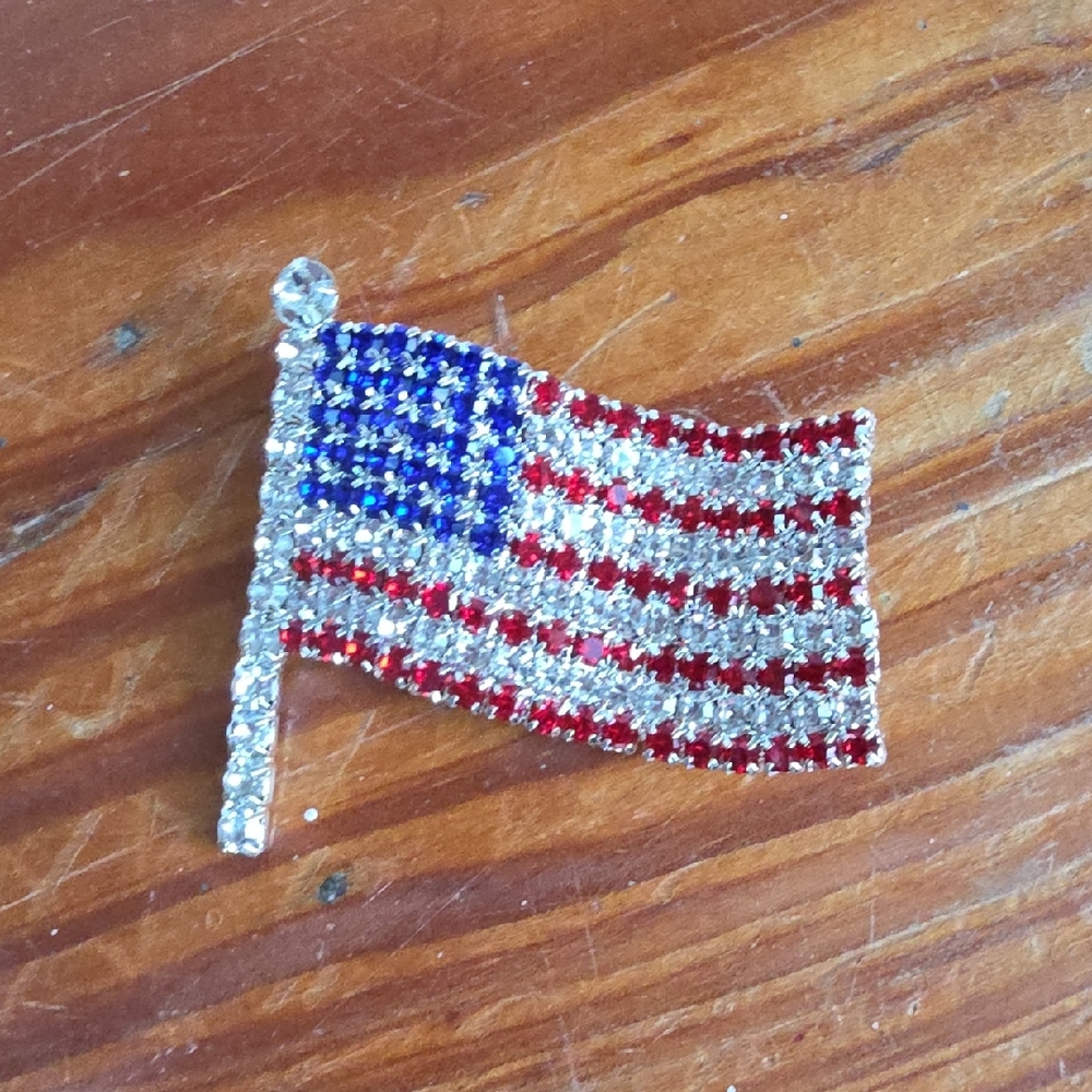 Rhinestone American Flag Pin - Red, White & Blue